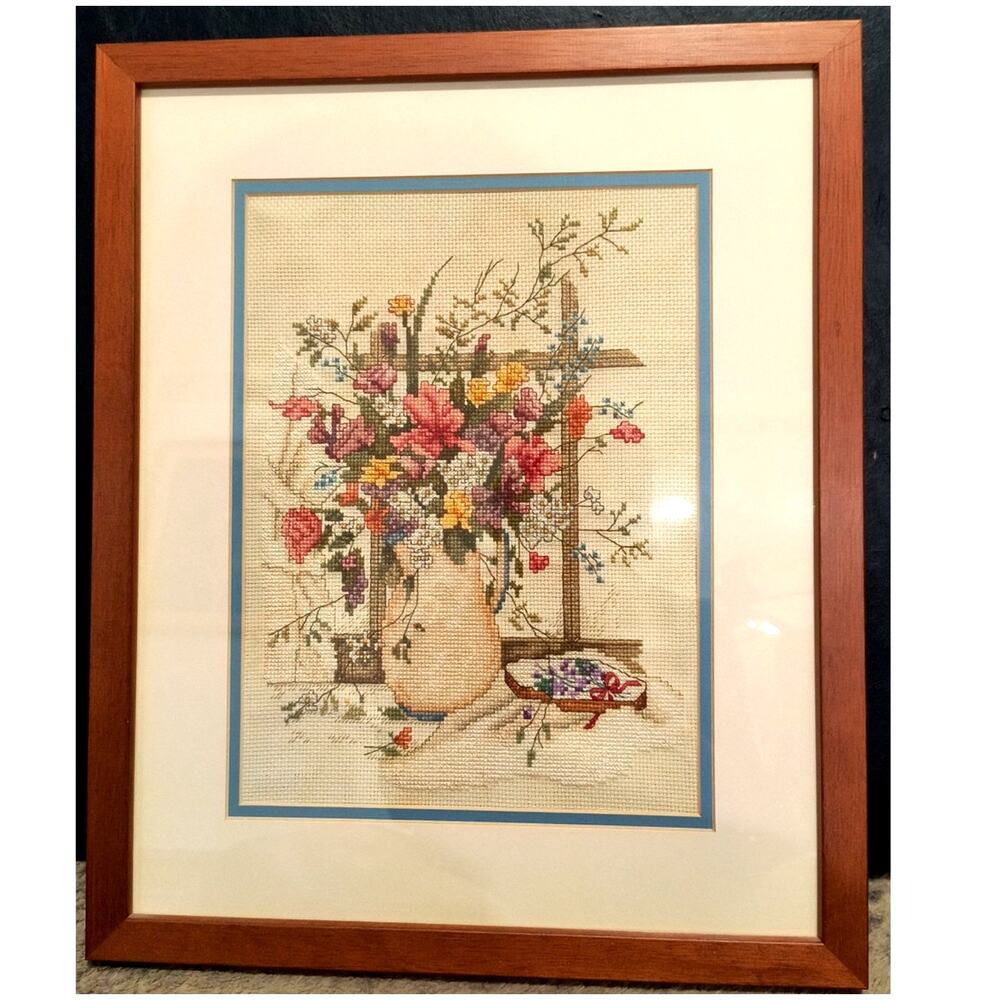 1261. Finished Framed Needlework Cross stitch Victorian Bouquet